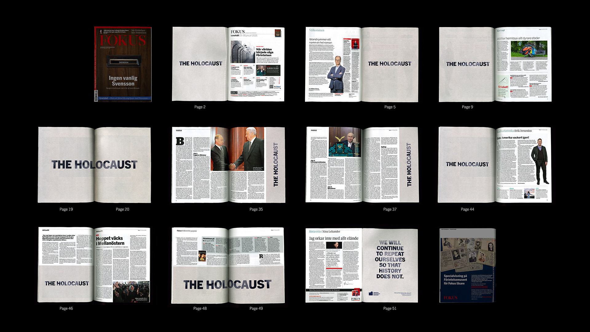 Collage of pages from a Fokus magazine special issue titled 'The Holocaust' with articles, images, and a quote stating 'We will continue to repeat ourselves so that history does not.'