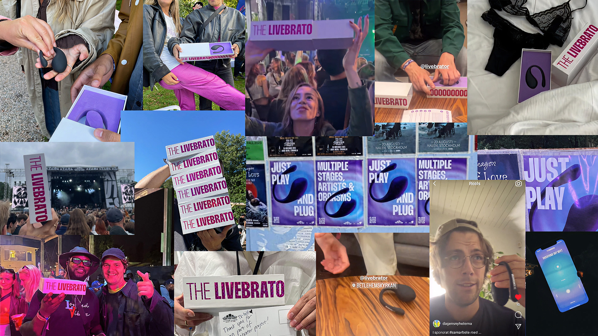 Collage of images showing people holding, displaying, and demonstrating the Livebrato product box and device, including event scenes and promotional posters.