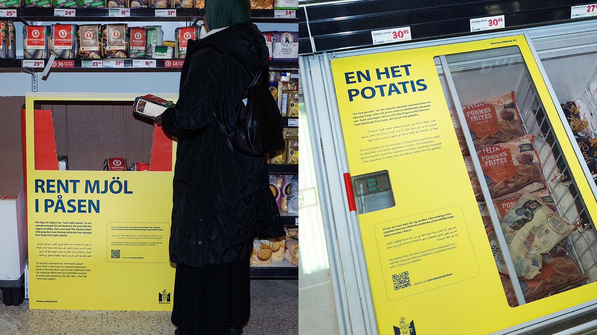 Left side shows a person reading packaging in front of a supermarket display with large yellow sign 'Rent Mjöl I Påsen'; right side shows frozen potato fries in a freezer with a yellow sign titled 'En Het Potatis' explaining a Swedish expression.