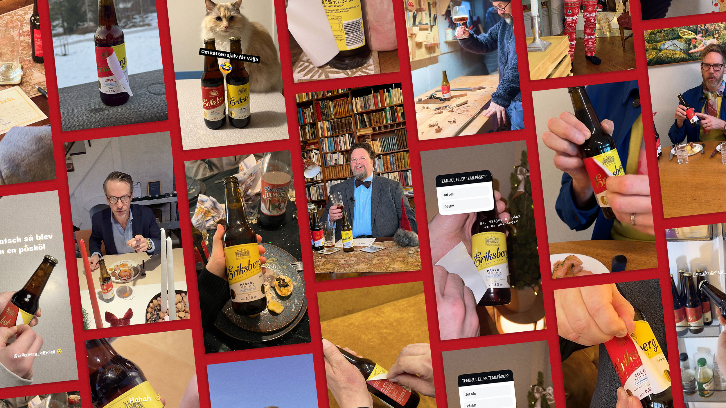 Collage of people holding and drinking bottles of Eriksberg beer in different settings, including a cat near two bottles and a man in a library.