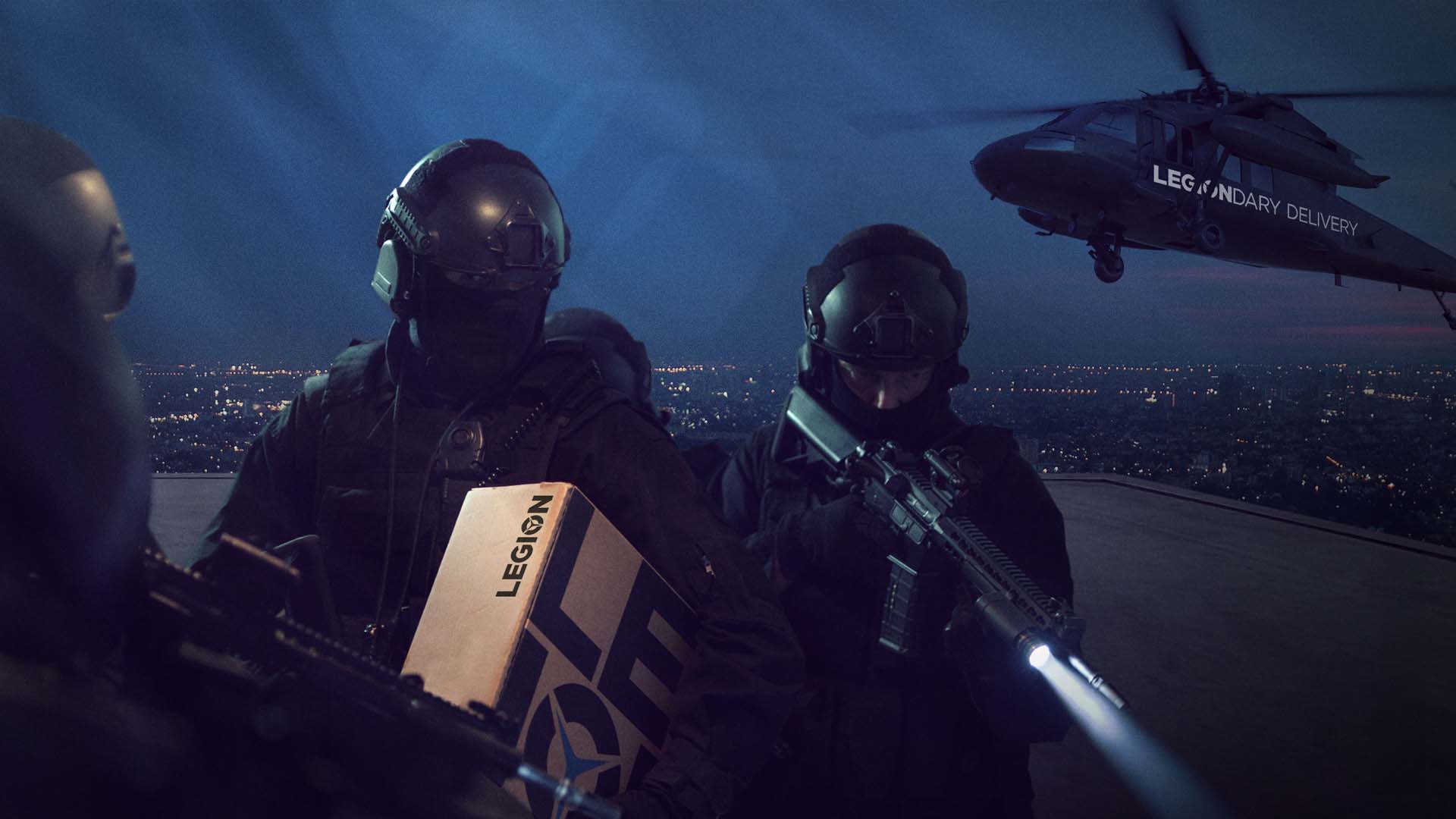 Night scene with three armed soldiers in tactical gear, one holding a box labeled 'LEGION,' and a helicopter marked 'LEGIONDARY DELIVERY' hovering nearby.